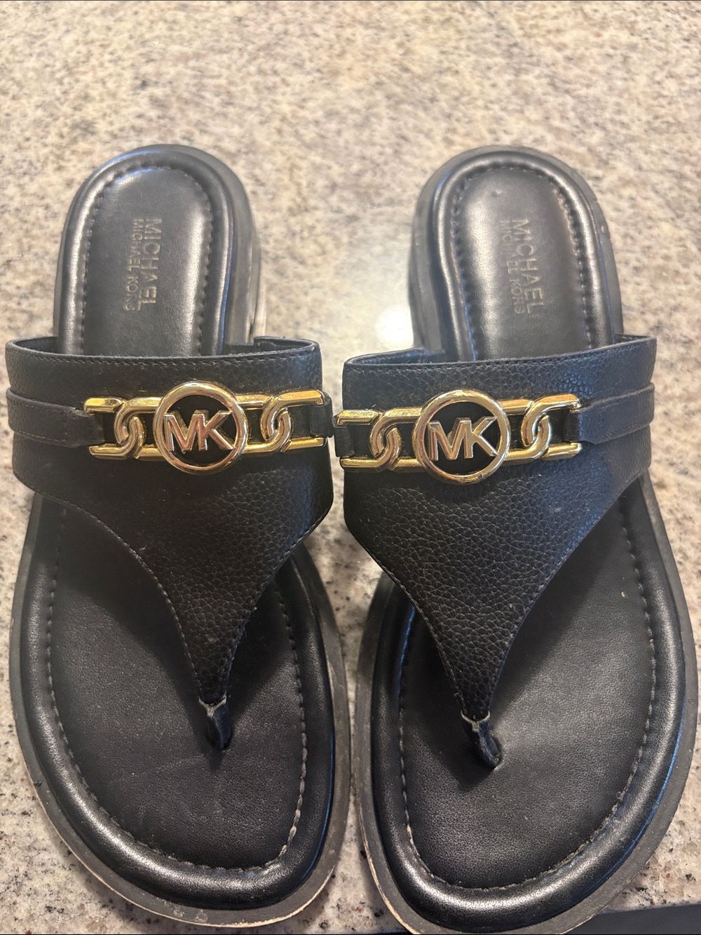 Michael Kors Black Leather Thong Sandals with Gold MK Chain
